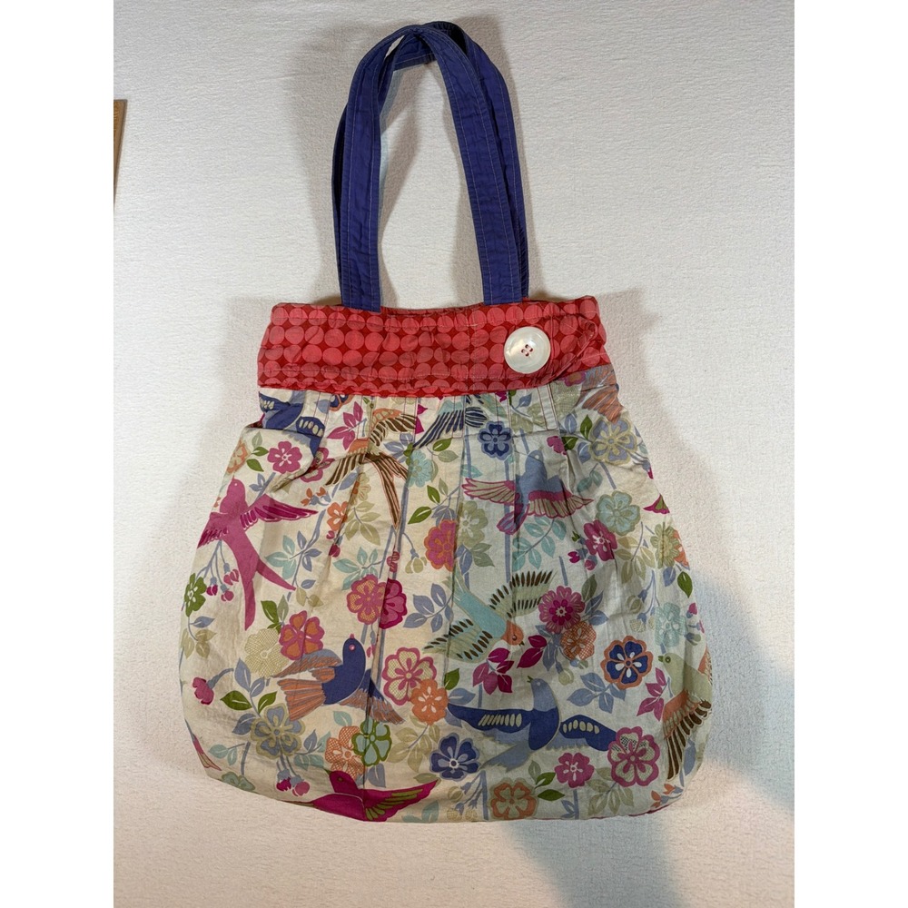 Floral Bird Print Quilted Shoulder Bag Red Polka Dot Trim Cottagecore Tote